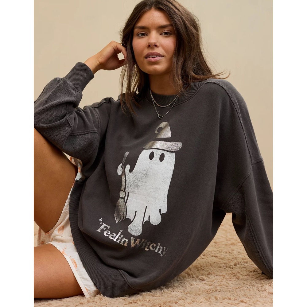 Aerie Feelin Witchy Ghost Sweatshirt Charcoal Grey Halloween XXS Oversize